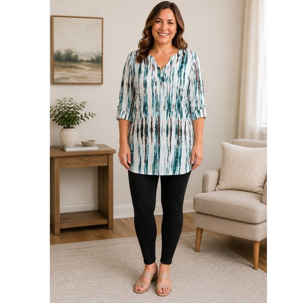 Peck‎ & Peck Linen Tunic Top Womens Large Teal Ikat Print Western Vibes